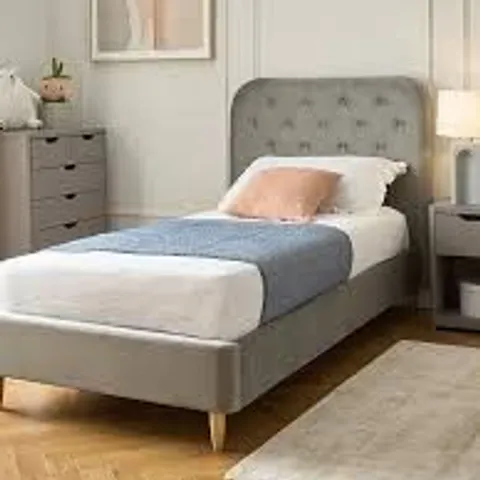 BOXED FREYA VELVET FABRIC SINGLE KIDS BED FRAME - GREY (2 BOXES)