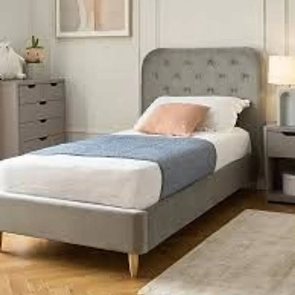 BOXED FREYA VELVET FABRIC SINGLE KIDS BED FRAME - GREY (2 BOXES)
