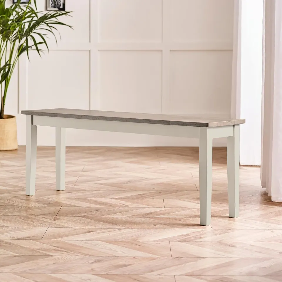 BOXED FURNITUREBOX UK TENBY LARGE WOODEN DINING BENCH, WASH PAINT AND GREY STAIN FINISH, WOOD KITCHEN 3 SEATER STOOL, WARM FRESH MODERN MEETS TRADITIONAL FARMHOUSE DINING FURNITURE, WHITE