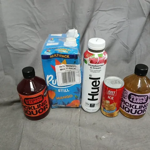 APPROXIMATELY 7 ASSORTED LIQUIDS TO INCLUDE PICKLING LIQUOR, HUEL STRAWBERRIES & CREAM, RUBICON STILL MANGO, ETC - COLLECTION ONLY