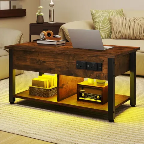 BOXED LIFT-TOP COFFEE TABLE WITH 2-TIER STORAGE, POWER OUTLETS, MULTI-COMPARTMENT (1 BOX)