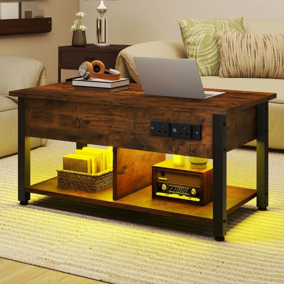 BOXED LIFT-TOP COFFEE TABLE WITH 2-TIER STORAGE, POWER OUTLETS, MULTI-COMPARTMENT (1 BOX)