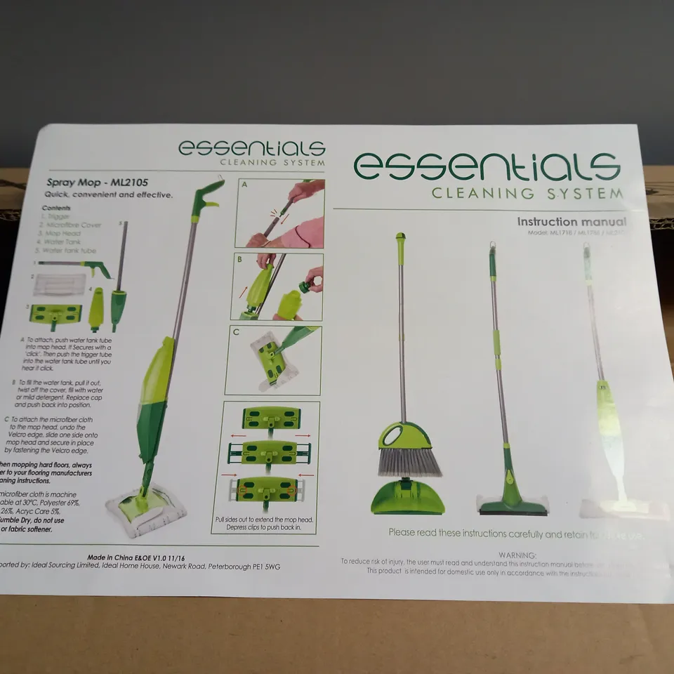 ESSENTIALS CLEANING SYSTEM. SPRAY MOP, DUST PAN AND BRUSH