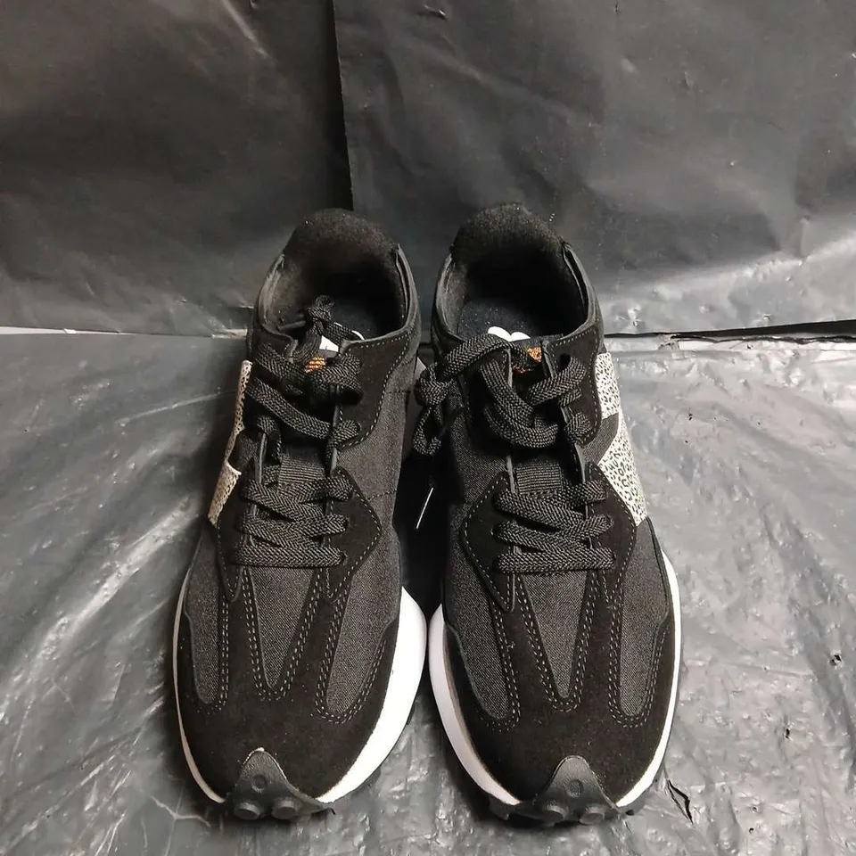 BOXED PAIR OF NEW BALANCE TRAINERS – BLACK WITH LEOPARD PRINT N LOGO - UK SIZE 7.5