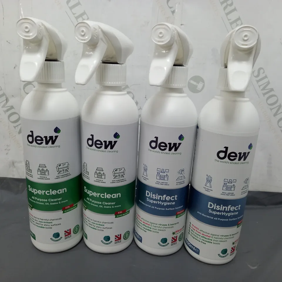 4 DEW CLEANING PRODUCTS TO INCLUDE SUPERCLEAN ALL PURPOSE CLEANER 500ML, DISINFECT SUPERHYGIENE ANTI-BACTERIAL ALL PURPOSE SURFACE SANITISER 500ML  