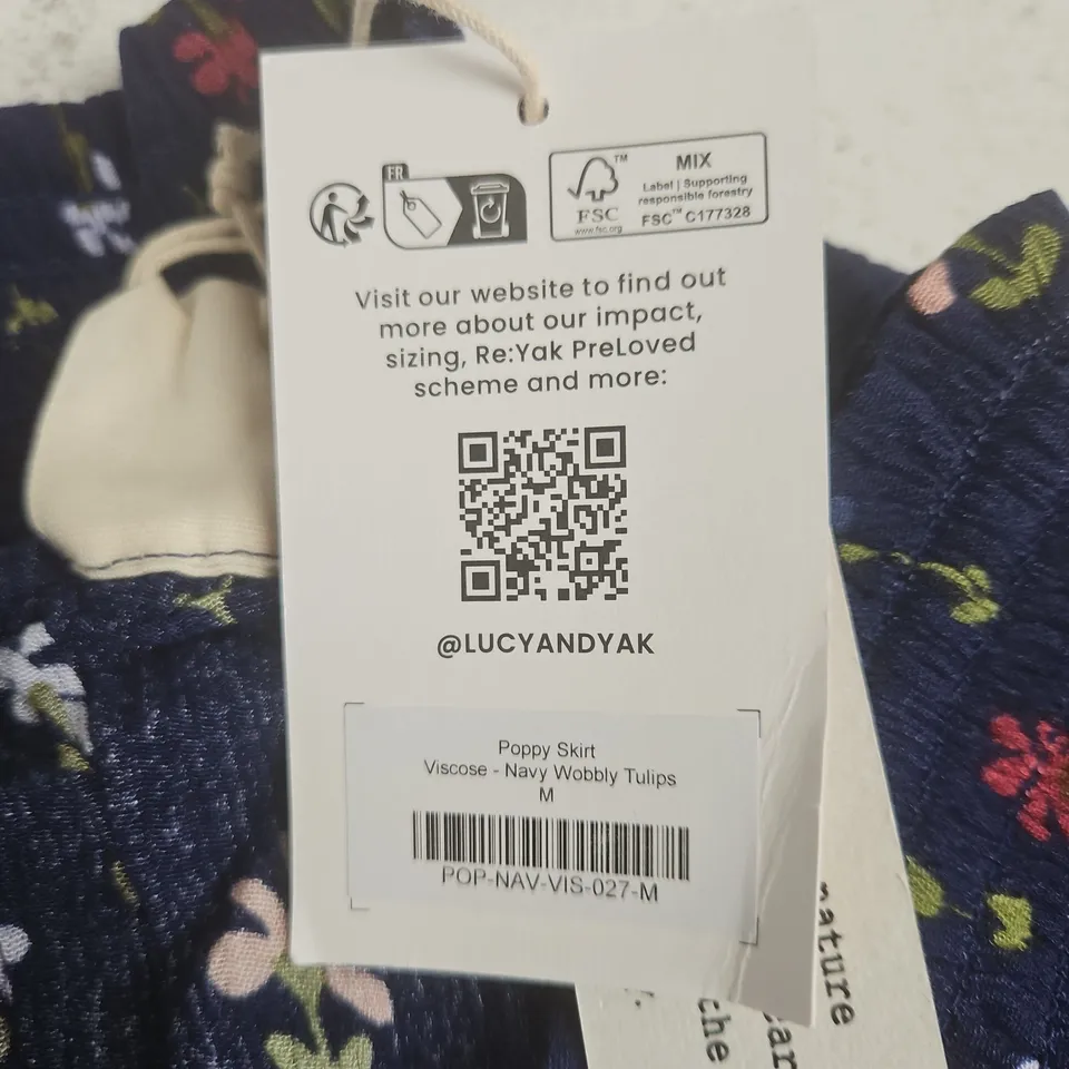 LUCY & YAK POPPY SKIRT – NAVY VISCOSE WITH TULIP PRINT, SIZE M (MADE IN INDIA)