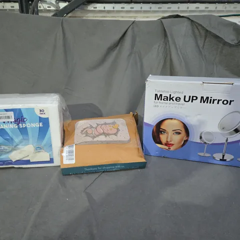 LARGE BOX OF ASSORTED HOUSEHOLD ITEMS TO INCLUDE MAKE UP MIRROR, CLEANING SPONGE AND WATERPROOF SHEETS