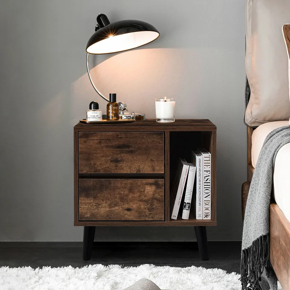 BOXED ANDRU MODERN WHITE WOOD BEDSIDE TABLE - BROWN