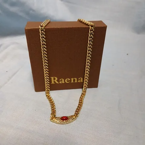 RAENA GOLD TONE NECKLACE WITH RED CABOCHON – BOXED