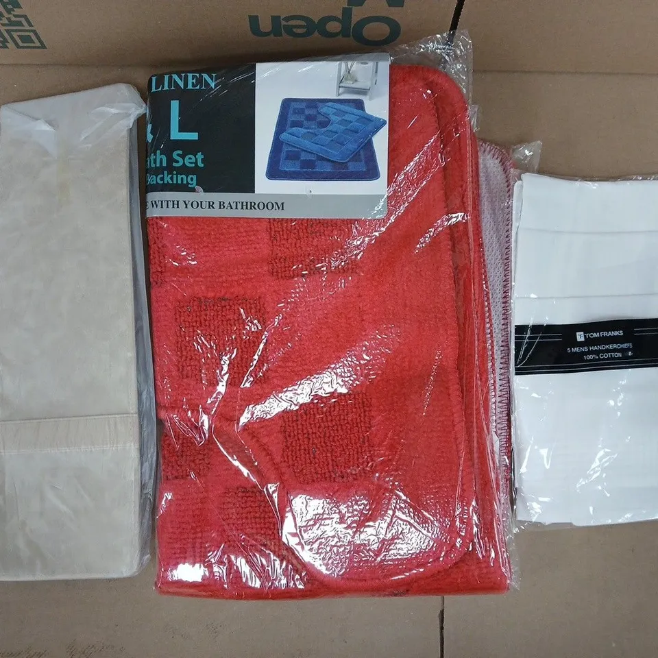 BOX OF APPROXIMATELY 15 ASSORTED HOUSEHOLD ITEMS TO INCLUDE HANDKERCHIEFS, 2-PIECE BATH SET, ETC