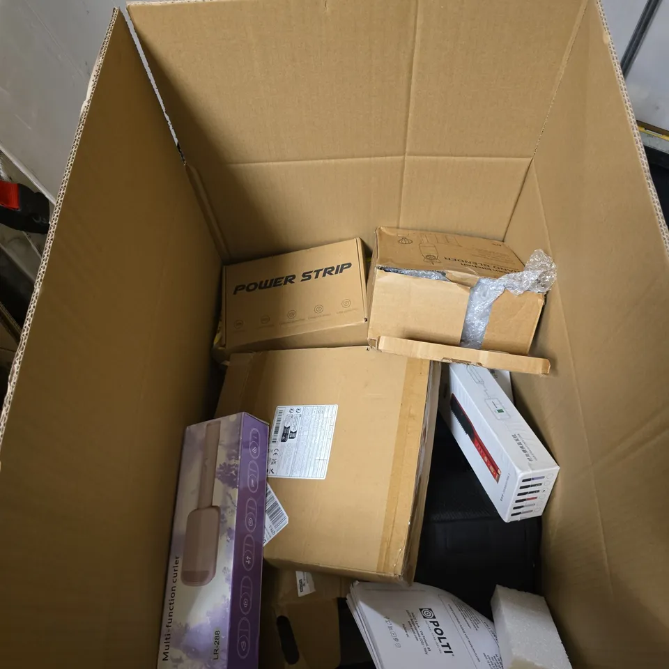BOX OF APPROXIMATELY 12 ASSORTED ITEMS INCLUDING MULTI FUNCTION CURLER , HAIR STRAIGHTENER COMB AND BONSEN KITCHEN HAND BLENDER