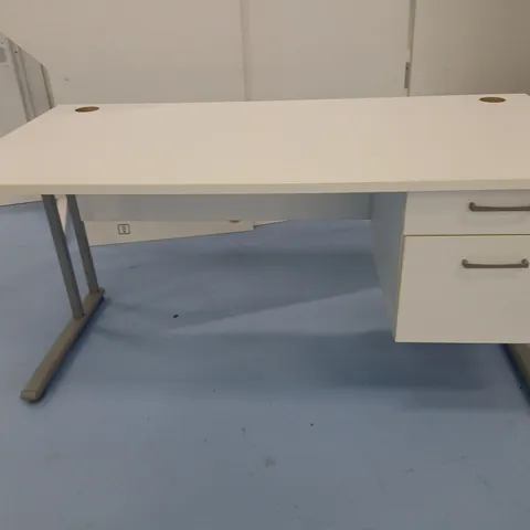 WHITE OFFICE DESK WITH INTEGRATED RIGHT-HAND TWO-DRAWER PEDESTAL