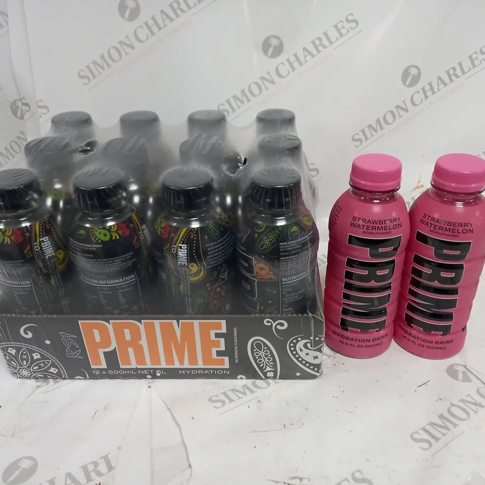 BOX OF ASSORTED FOOD AND DRINK ITEMS TO INCLUDE PRIME ( STRAWBERRY WATERMELON, ORANGE MANGO)