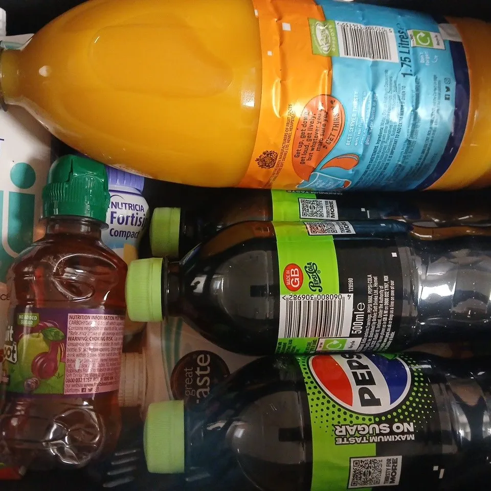 APPROXIMATELY 10 ASSORTED FOOD AND DRINK ITEMS TO INCLUDE CELSIUS, PEPSI MAX, ETC