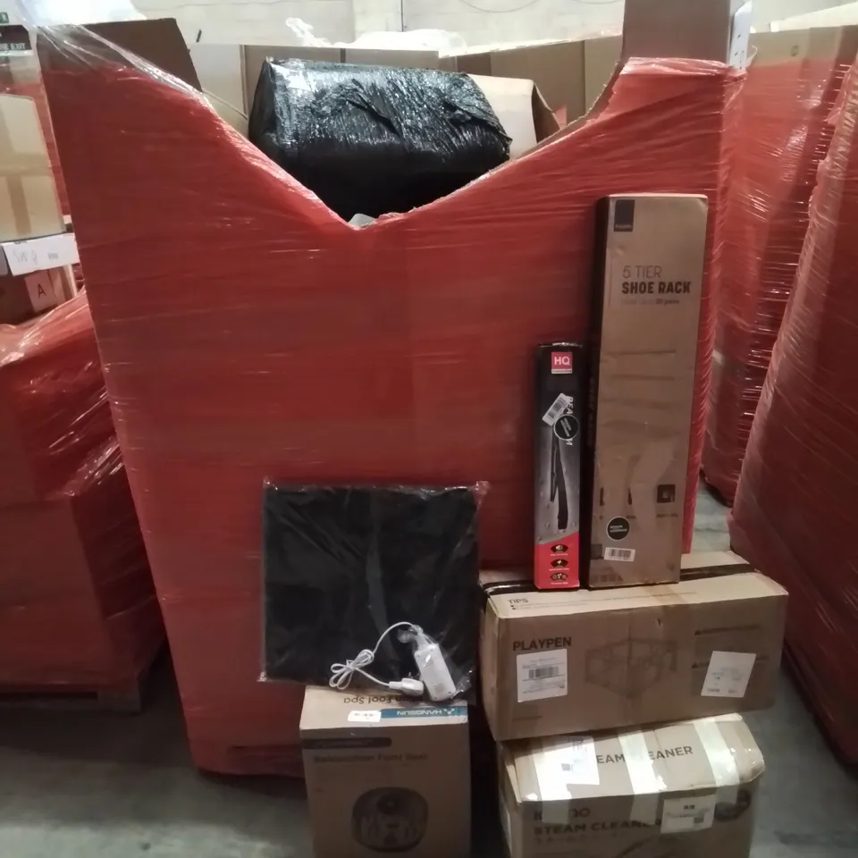 PALLET CONTAINING VARIOUS ASSORTED BOXED HOUSEHOLD ITEMS TO INCLUDE: STEAM CLEANER, FOOT SPA, HEATED BLANKET,  SHOE RACK, PLAYPEN AND LOTS MORE UNMARKED BOXED ITEMS 