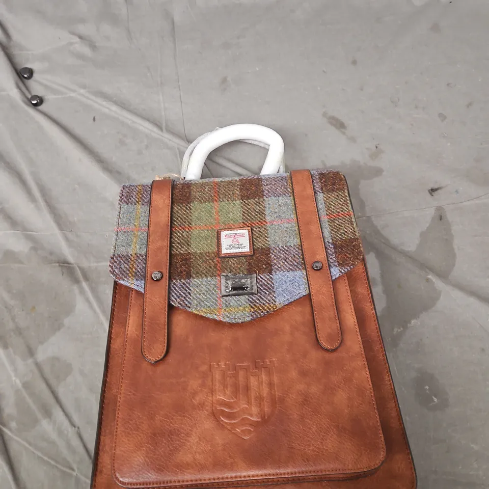 ISLANDER HARRIS TWEED BAG WITH TARTAN FLAP AND BROWN LEATHER BODY