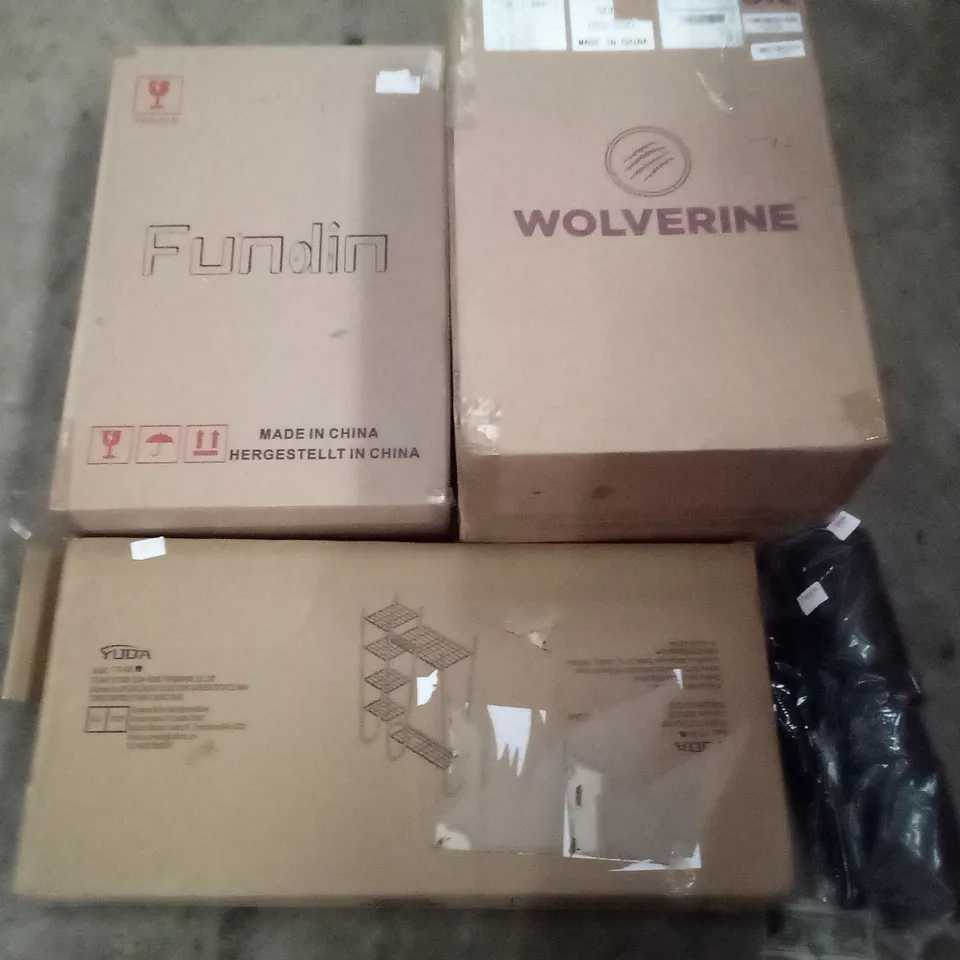 PALLET OF ASSORTED ITEMS INCLUDING WOLVERINE CROSS CUT PAPER SHREDDER, YUDA METAL CLOTHES RACK WITH STORAGE, FUNDIN MIRROR CABINET, WORKOUT ACCESSORIES 