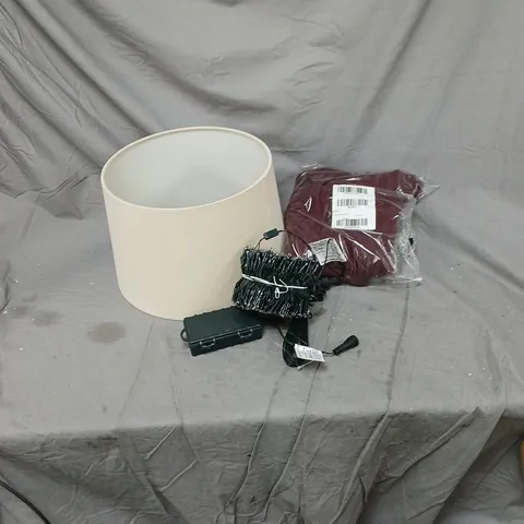 BOX OF APPROXIMATELY 15 ASSORTED HOUSEHOLD ITEMS INCLUDING LAMP SHADE, XMAS TREE LIGHTS AND SKIRT FOR AGES 5-6 ETC