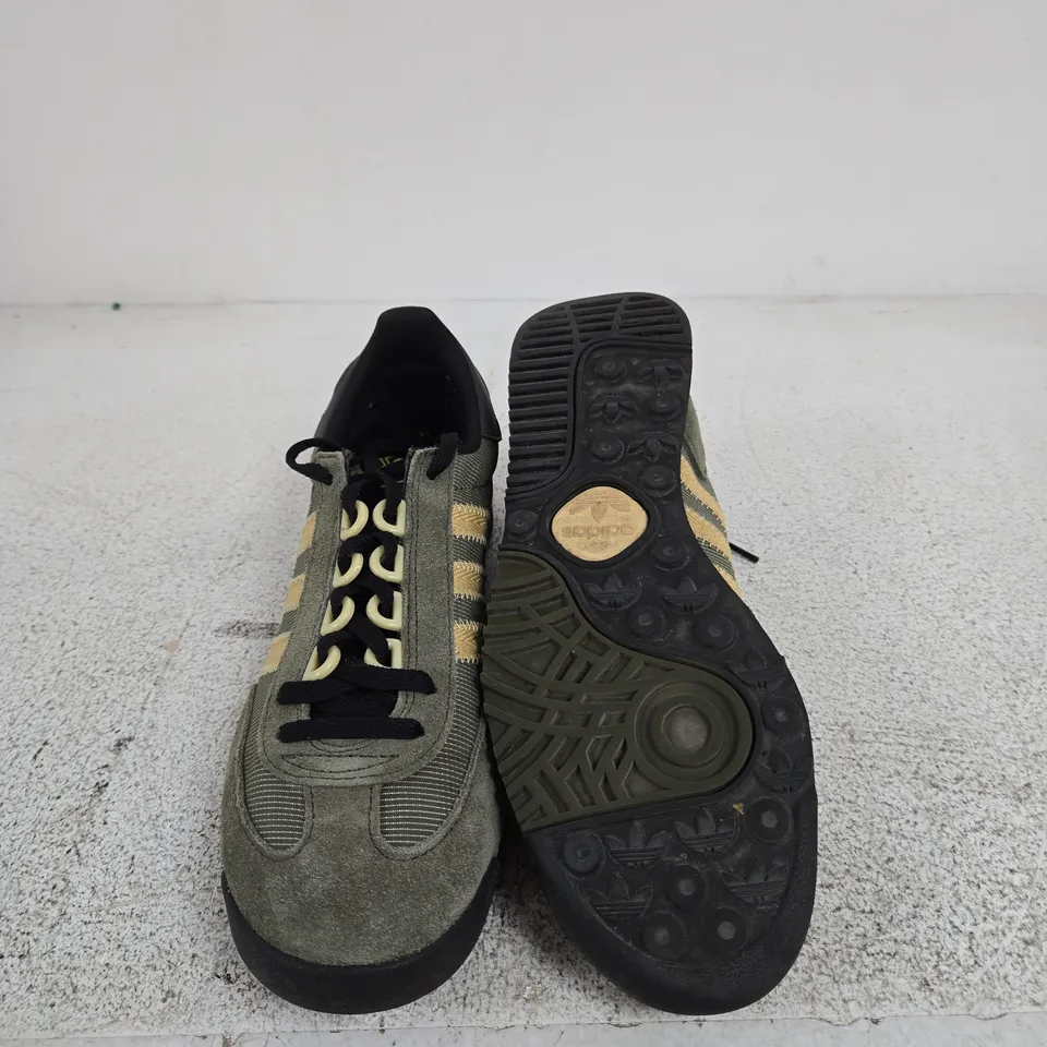 ADIDAS TRAINERS – UK 6 OLIVE GREEN SUEDE & FABRIC WITH BEIGE STRIPES (MEN'S)