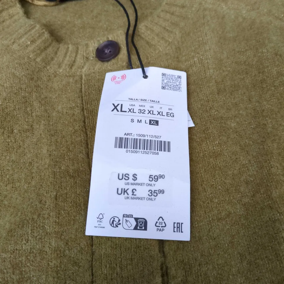 ZARA OLIVE KNIT CARDIGAN, UK SIZE XL, WOMEN'S – 3-BUTTON PLACKET