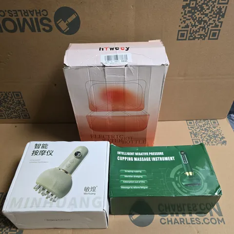 APPROXIMATELY 10 ASSORTED ELECTRICAL ITEMS TO INCLUDE CUPPING INSTRUMENT, ELECTRIC HOT WATER BOTTLE, SCRAPING INSTRUMENT ETC