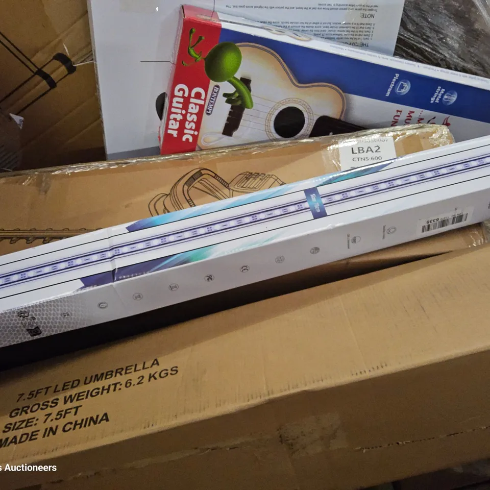 PALLET OF ASSORTED ITEMS INCLUDING, AQUARIUM LIGHT, TOY GUITAR, SOFT TIP DARTS SET, TELESCOPIC LADDER, CORDED HEDGE TRIMMER.