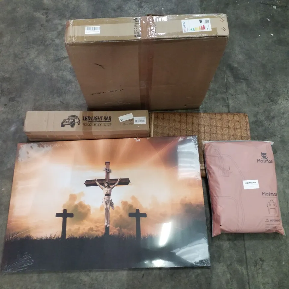 PALLET OF ASSORTED PRODUCTS INCLUDING LED CEILING LIGHT, JESUS CANVAS PRINT, CHANGING BAG, LED LIGHT BAR