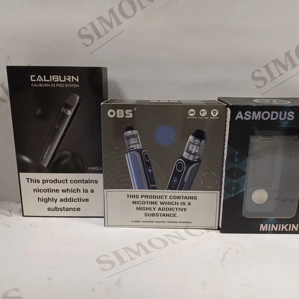 LOT OF APPROXIMATELY 25 ASSORTED E-CIGARETTES AND LIQUIDS TO INCLUDE ASMODUS MINIKIN 3, OBS CUBE FP KIT, CALIBURN A2 POD SYSTEM, ETC