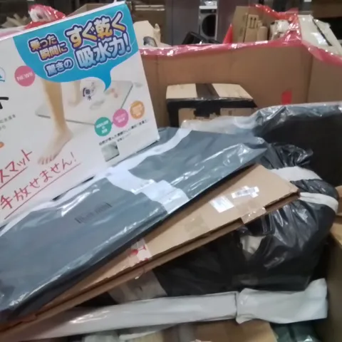 PALLET CONTAINING VARIOUS ASSORTED BOXED HOUSEHOLD ITEMS TO INCLUDE: CAMPING CHAIR, AIR COOLER, BATH MAT AND LOTS MORE UNMARKED BOXED ITEMS