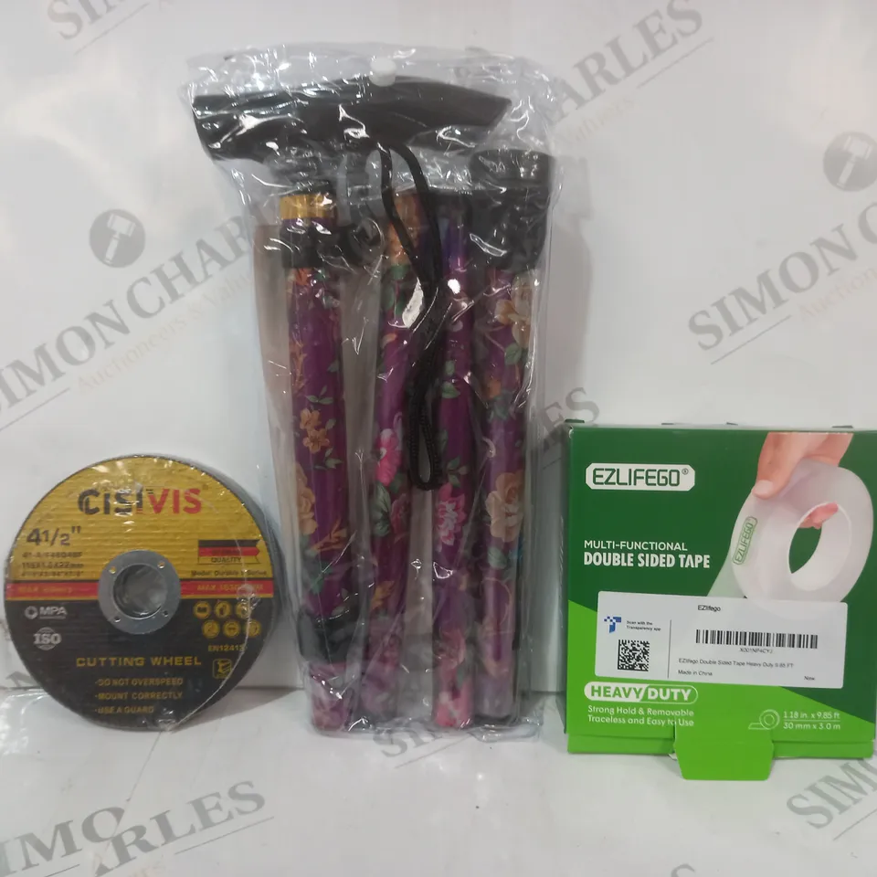APPROXIMATELY 15 ASSORTED HOUSEHOLD ITEMS TO INCLUDE DOUBLE SIDED TAPE, FOLDABLE METAL CANE, CUTTING WHEEL, ETC