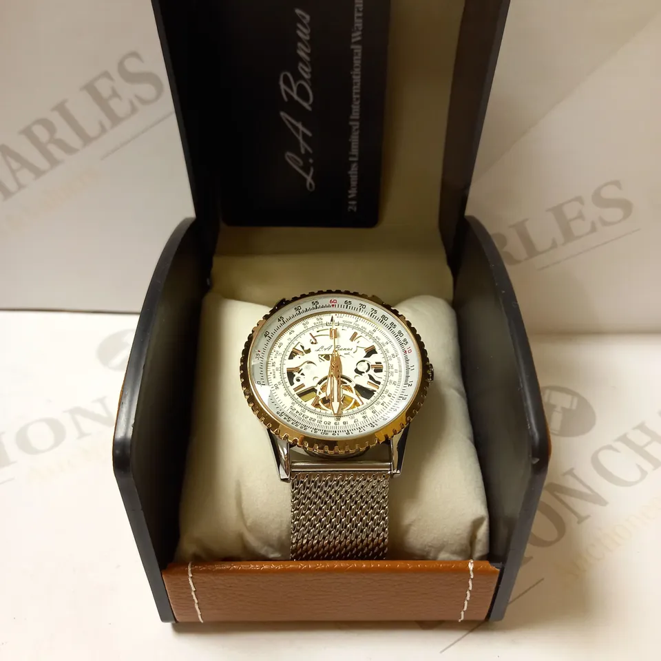 LA BANUS PART SKELETON DIAL MESH STRAP WRISTWATCH 