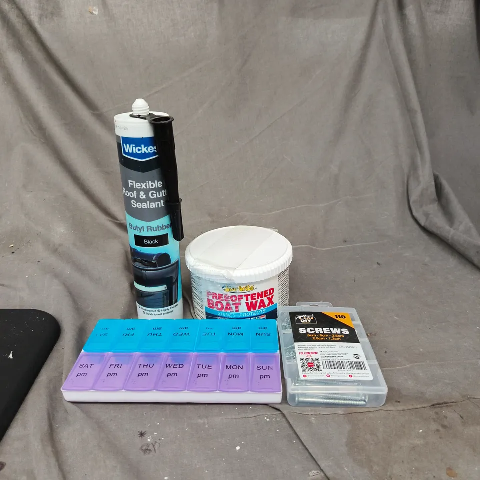 APPROXIMATELY 15 ASSORTED HOUSEHOLD PRODUCTS TO INCLUDE 7 DAY PILL BOX, PRE-SOFTENED BOAT WAX AND BUTYL RUBBER