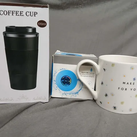 BOX OF ASSORTED HOUSE ITEMS TO INCLUDE - MUGS - COFFEE CUP - SPEAKER /