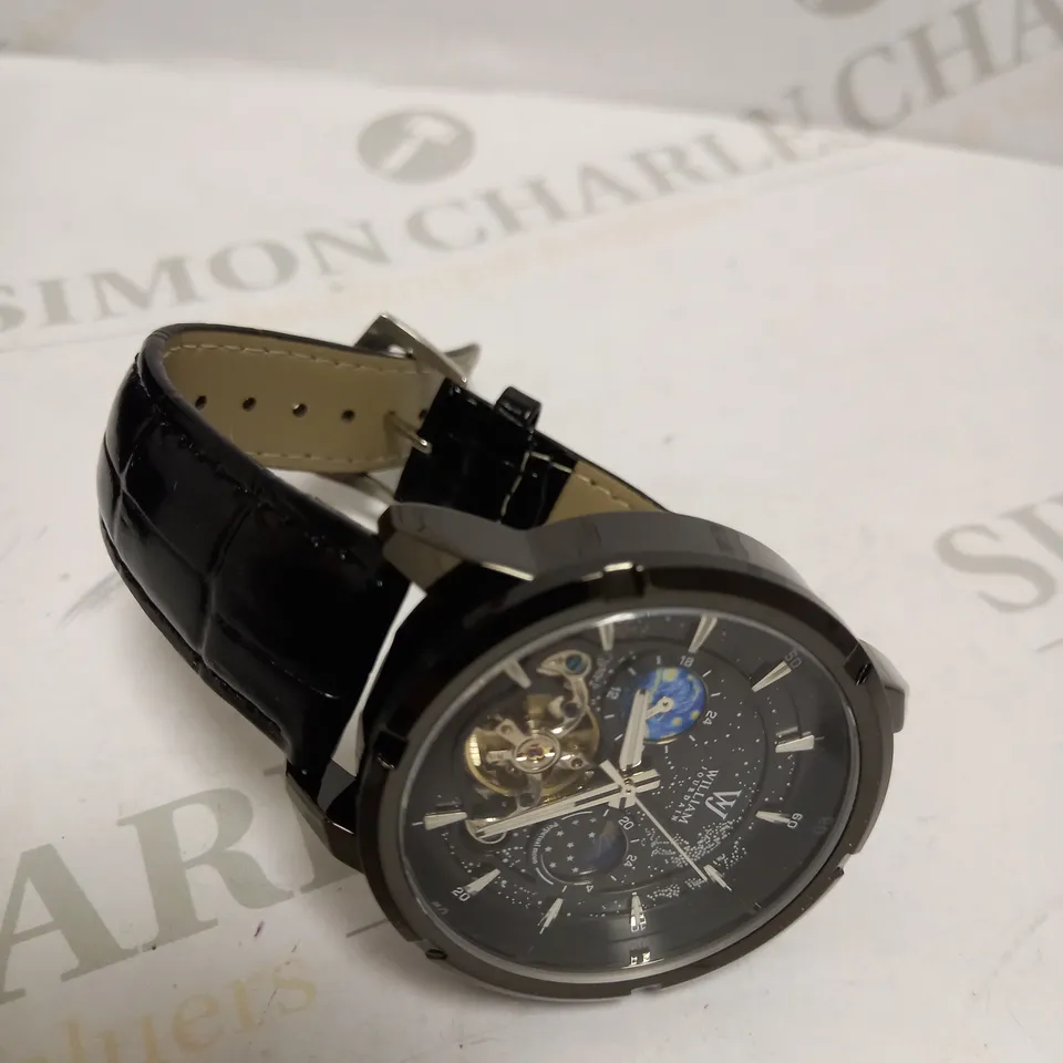 MENS WILLIAM JOURDAIN AUTOMATIC 2580 WATCH – OPEN HEART MOVEMENT WITH SUB DIALS – GLASS EXHIBITION BACK CASE – BLACK GENUINE LEATHER STRAP