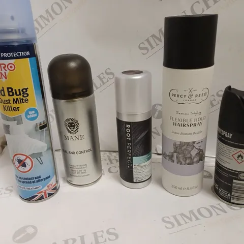 BOX OF APPROX 15 ASSORTED AEROSOLS TO INCLUDE MENS BODY SPRAY, BUG KILLER, MANE HAIR THICKENER ETC - COLLECTION ONLY