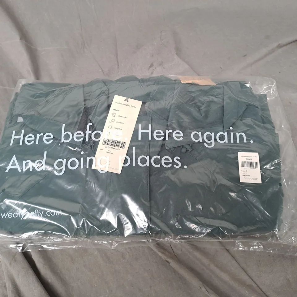 BAGGED SWEATY BETTY MOTION LONGLINE PARKA TREK GREEN SMALL 
