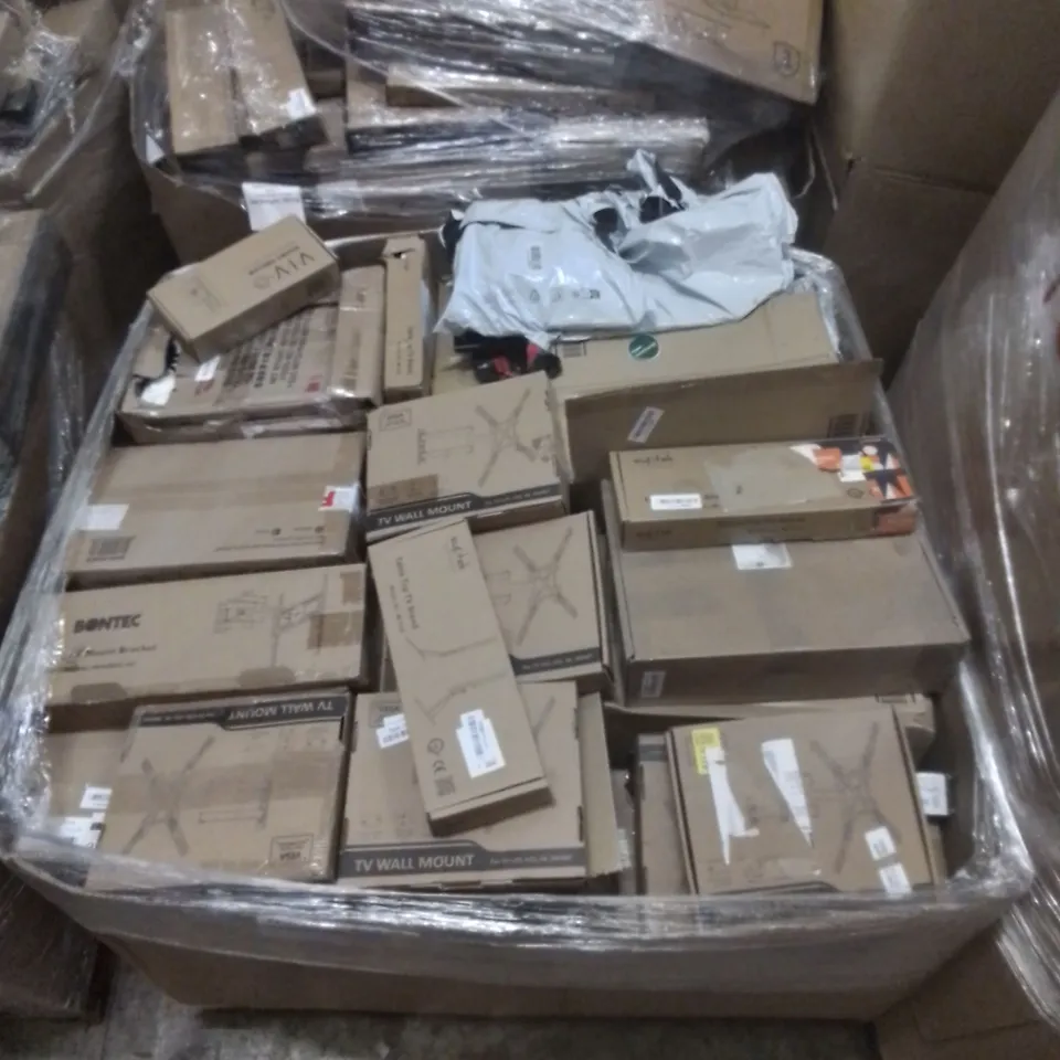 PALLET CONTAINING LARGE QUANTITY OF TV WALL MOUNTS, TABLE TOP TV STANDS, TV MOUNT BRACKETS ETC