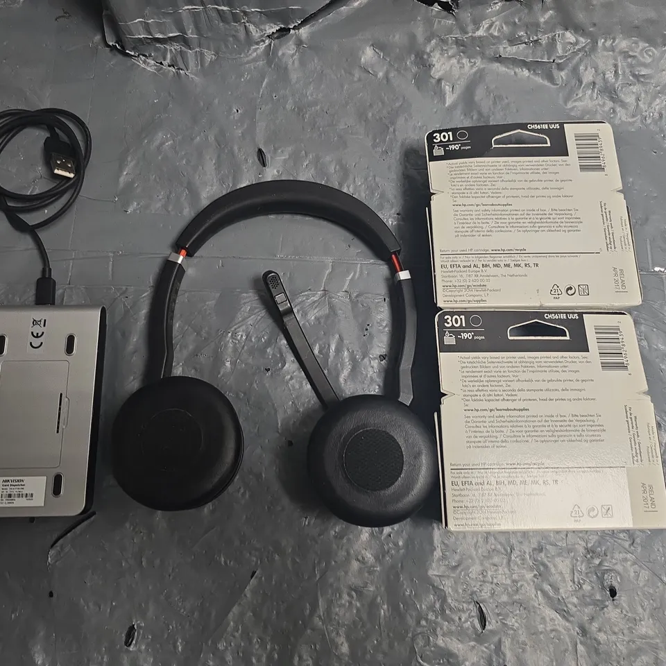 LOT OF 4 ASSORTED ITEMS TO INCLUDE JABRA, HIKVISION CARD DISPATCHER HP 301 BLACK INK