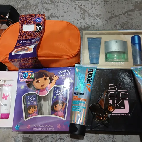 APOROXIMATELY 30 ASSORTED HEALTH AND BEAUTY PRODUCTS TO INCLUDE; FUDGE PROFESSIONAL, LANVIN, THIERRY MUGLER, HEAVENLY AND DORA THE EXPLORER