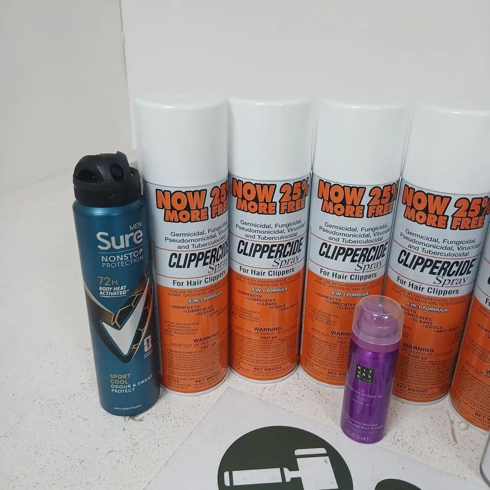 APPROXIMATELY 24 ASSORTED AEROSOL SPRAYS TO INCLUDE; ASSORTED HEALTH & BEAUTY AEROSOLS & SPRAYS – CLIPPERCIDE, GLITTER HAIR SPRAY, SURE DEODORANT & AIR FRESHENER (VERIFY)