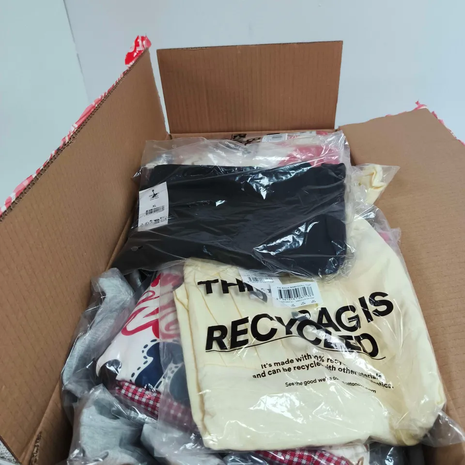 BOX OF APPROXIMATELY 30 ASSORTED CLOTHING ITEMS TO INCLUDE ADULT LONG SLEEVE PJ SET, TIE BACK BABYDOLL TOP ETC