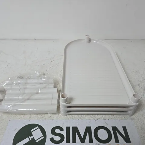 WHITE PLASTIC DISH-DRYING RACK WITH STACKABLE TRAYS AND DETACHABLE LEGS