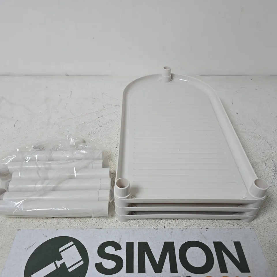 WHITE PLASTIC DISH-DRYING RACK WITH STACKABLE TRAYS AND DETACHABLE LEGS