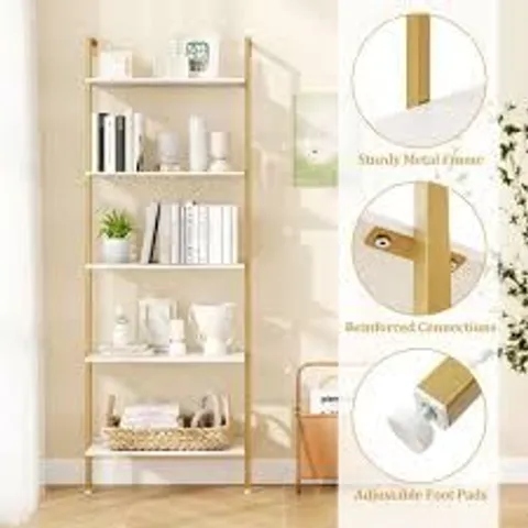 BOXED COSTWAY 5-TIER WALL MOUNTED BOOKCASE WITH METAL FRAME AND ADJUSTABLE FOOT PADS-WHITE
