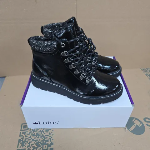 BOXED PAIR OF LOTUS MYRTLE BOOTS IN BLACK PATENT - EU 39