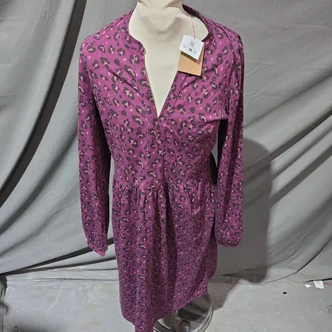 BODEN WOMEN'S PURPLE LEOPARD PRINT DRESS, V-NECK, LONG SLEEVES, UK 10