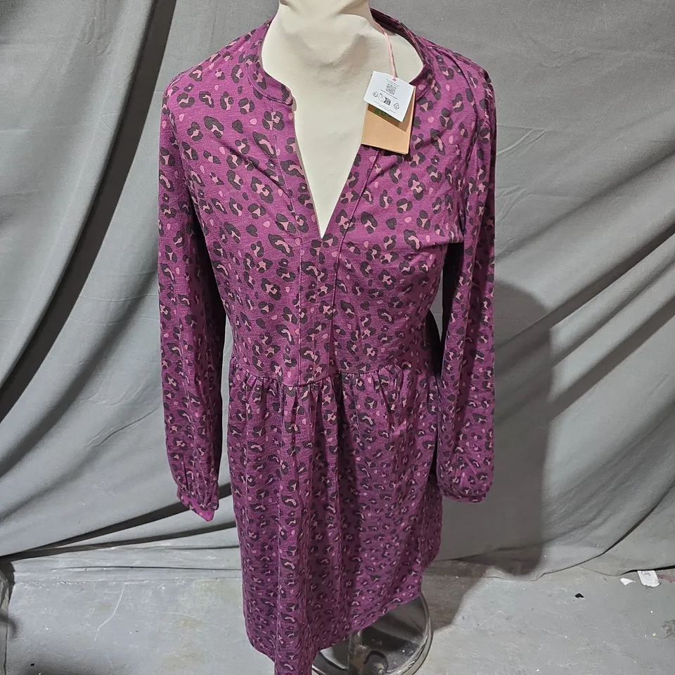 BODEN WOMEN'S PURPLE LEOPARD PRINT DRESS, V-NECK, LONG SLEEVES, UK 10