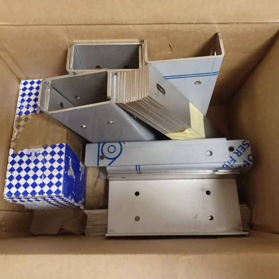 BOX OF ASSORTED METAL BRACKETS AND FITTINGS 