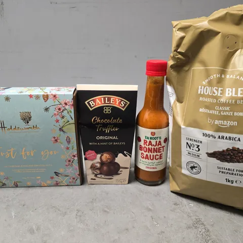 APPROXIMATELY 6 ASSORTED FOOD ITEMS TO INCLUDE - AMAZON HOUSE BLEND, BAILEYS CHOCOLATE TRUFFLES ETC