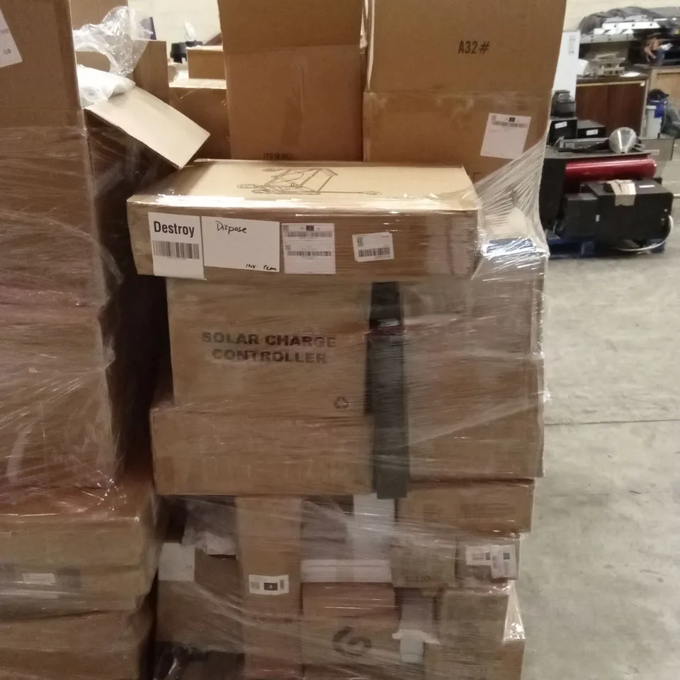 PALLET OF ASSORTED HOUSEHOLD GOODS AND PRODUCTS TO INCLUDE; SOLAR CHARGE CONTROLLER,  HAND CART, FURNITURE ETC
